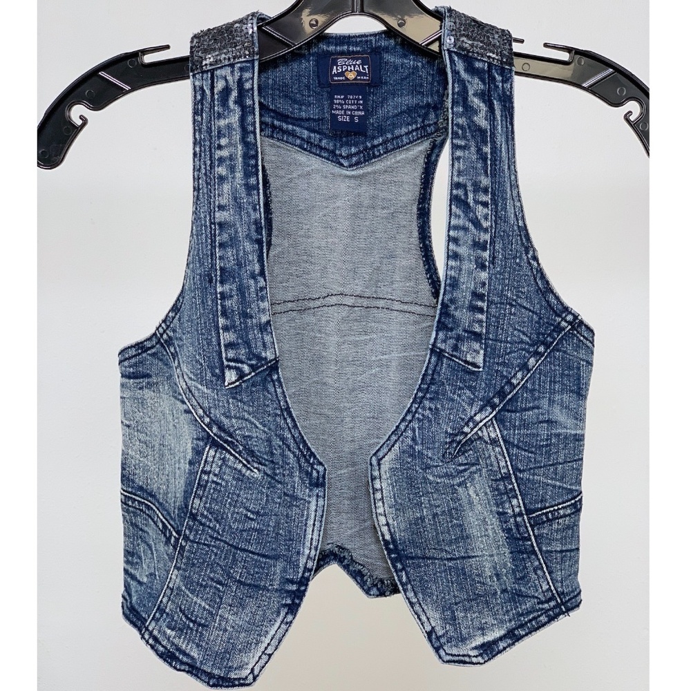 Blue Asphalt sequin detail whiskered denim vest